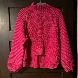 Free People Distressed Vibrant Fuchsia Cropped Balloon Sleeve Turtleneck Sweater